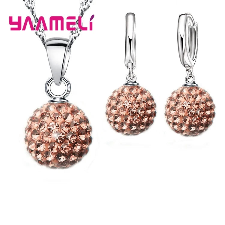 Crazy New Jewelry Sets 925 Sterling Silver Color Austrian Crystal Pave Disco Ball Lever Back Earring Pendant Necklace Woman Gift Qme 17