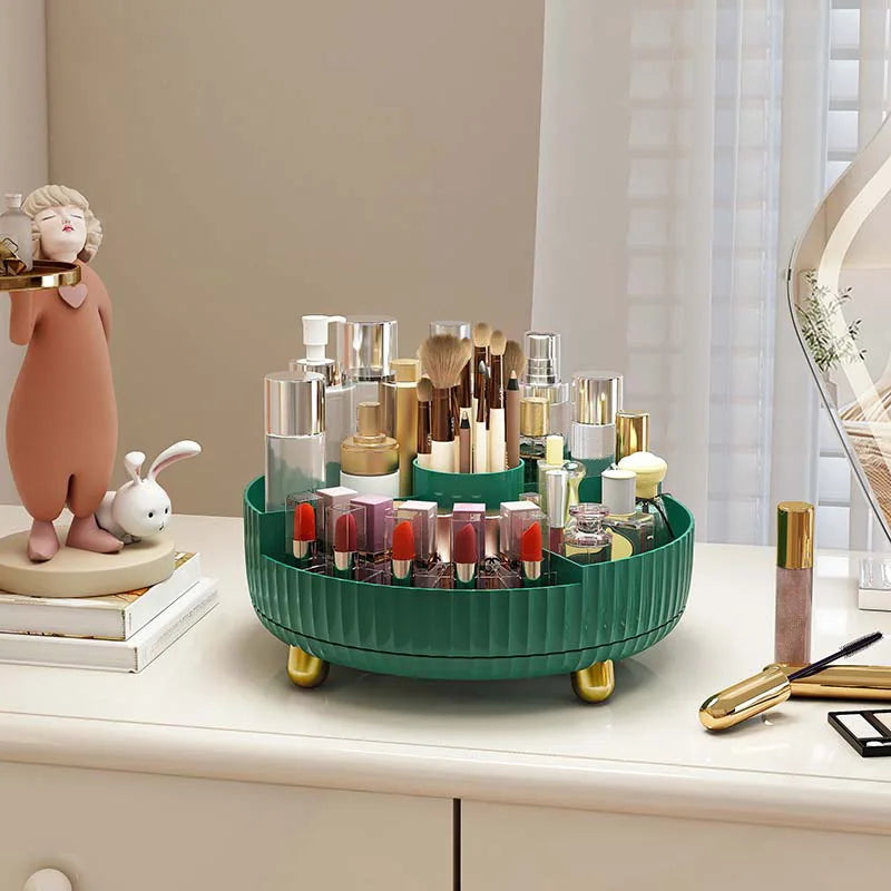 Luxury Plastic Rotating Organizer Cosmetic Storage Box Fruit Tray Qme Divided Dark Green