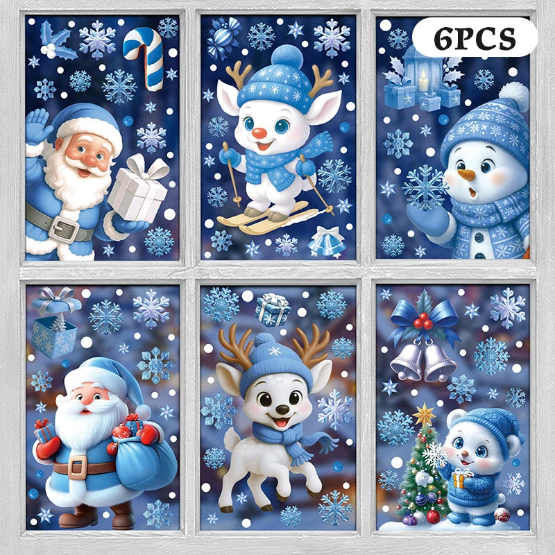 Blue Christmas Window Clings-Static Sticker Set With Bells, Reindeer, Santa, Snowflakes & Snowman For Holiday Party Decor Qme A12