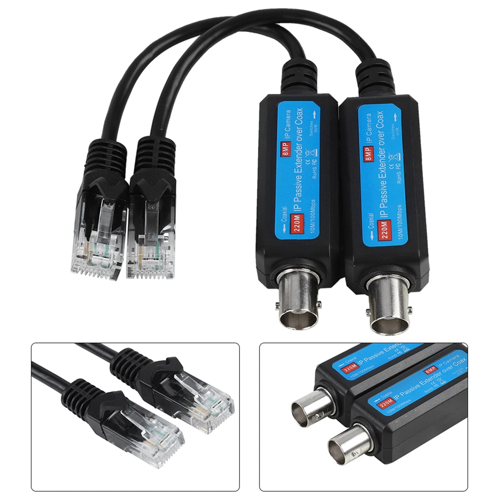 1Pair 10/100Mbps 1CH Passive IP Network Coaxial Transmitter Receiver Extender over Coax Stable Transmission for IP NVR Camera Qme