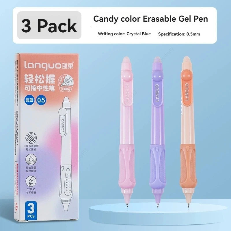 3Pcs/Set Erasable Gel Pens Kawaii 0.5mm Blue/Black Ink Quick Drying ST Tip Proper Pen for Student Stationery Supplies Qme Blue Candy