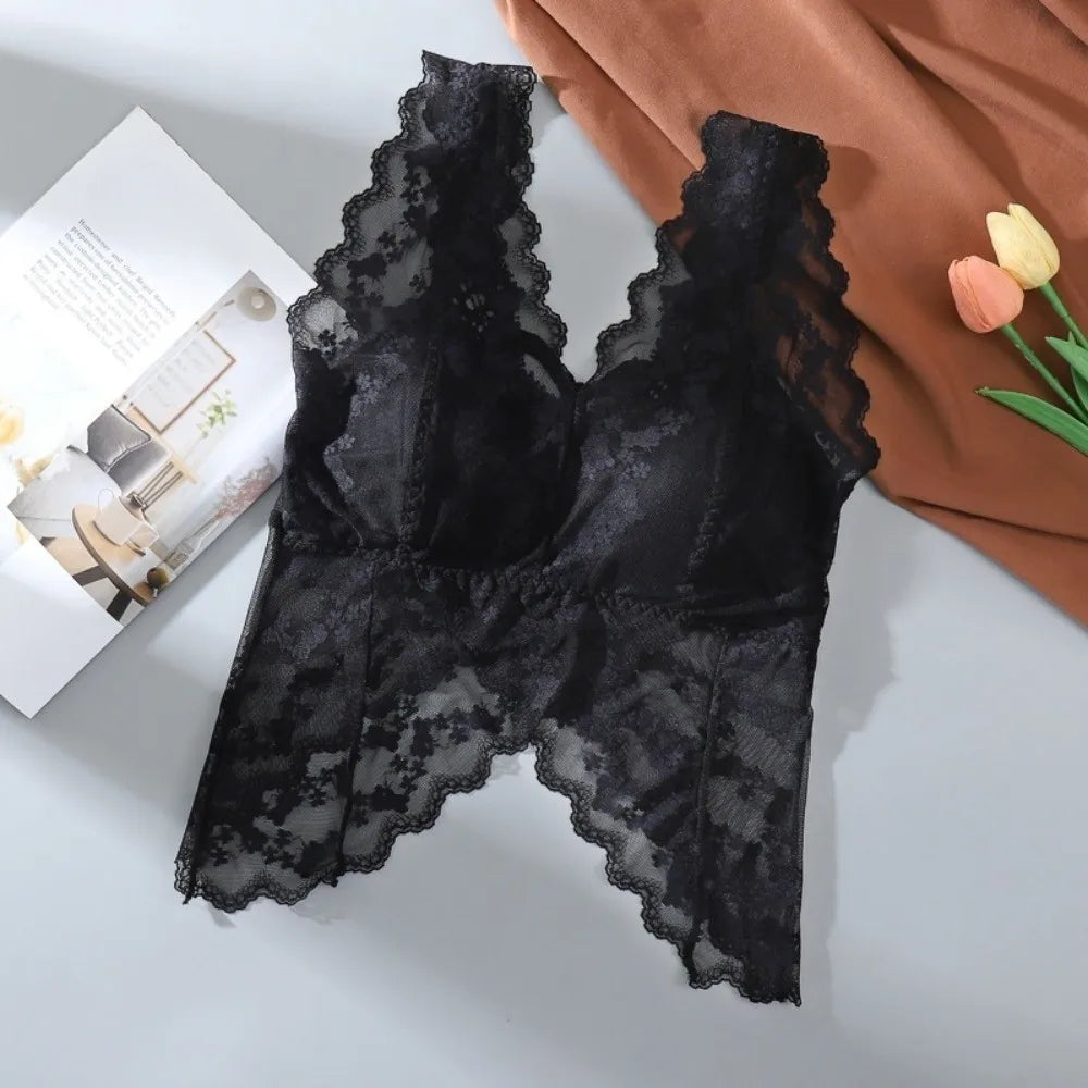 Spicy Girl Style Hollow Lace Camisole Transparent V Neck Crop Tops Tanks Ruffled Butterfly Undershirt Vest Spring Summer Qme