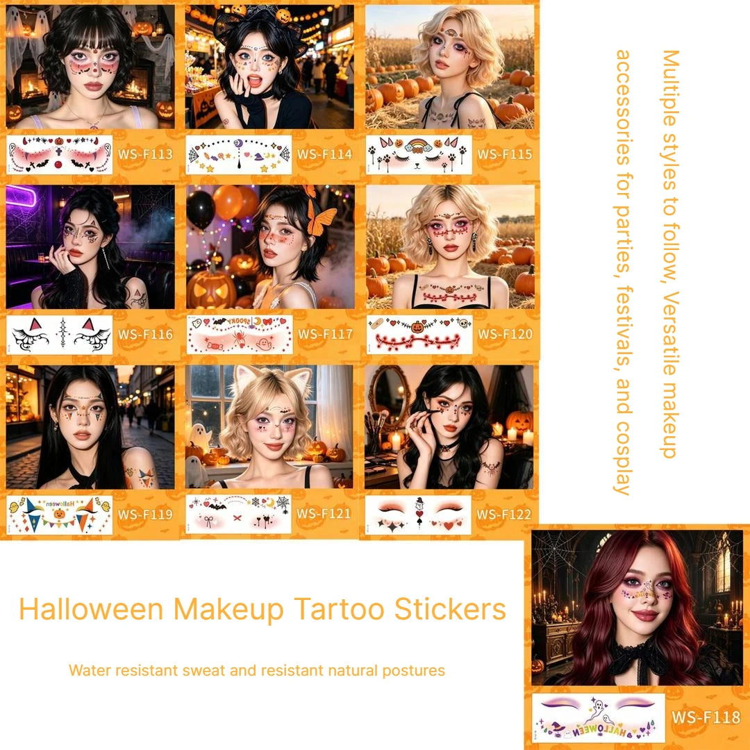 A European New 6/9Pcs Halloween Face Tattoo Stickers, Waterproof Realistic Freckle Spider Decals for Ghost Witch Cosplay Qme