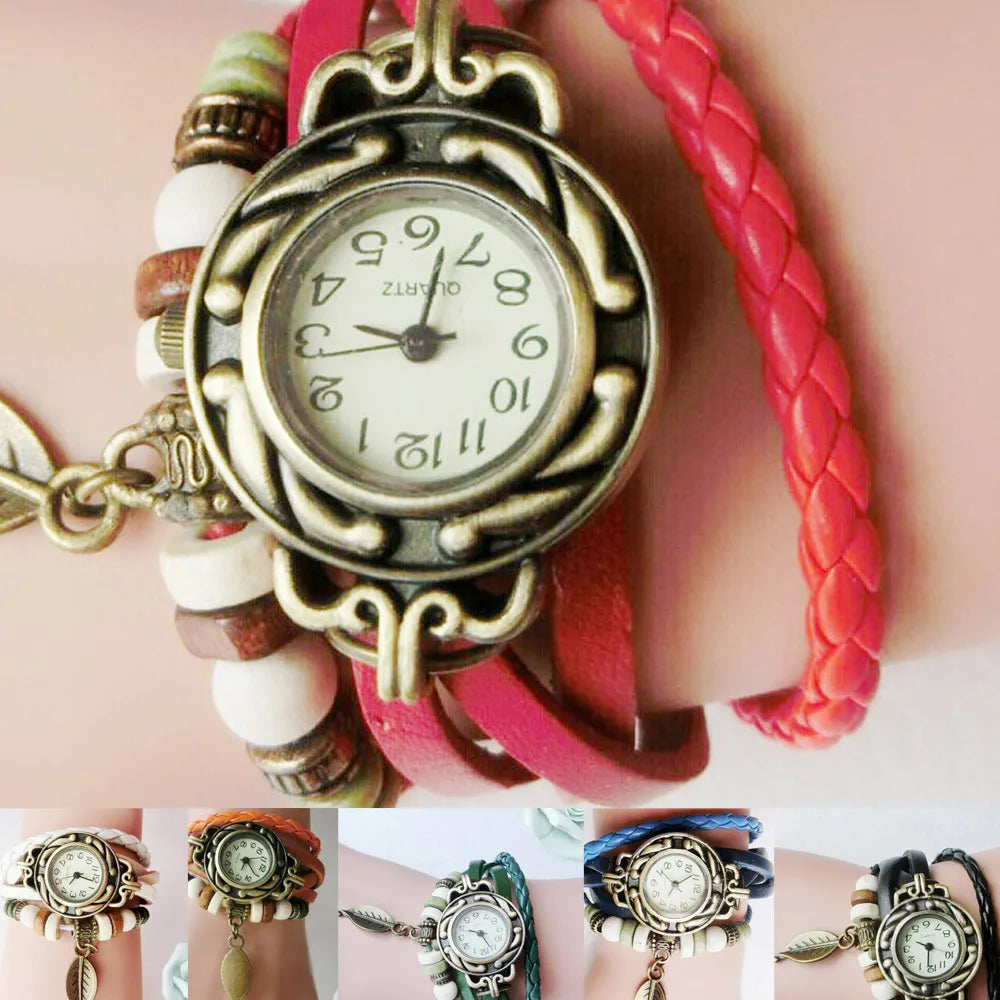 Women’s Vintage And Personalized Leather Winding Bracelet With Leaf Pendant Fashion And Casual No Waterproof Quartz Watch Qme