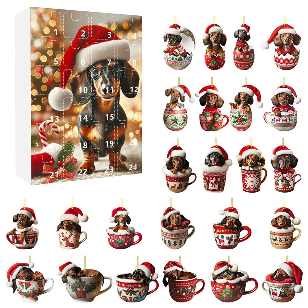 24 Days Christmas Countdown Calendar W/Dachshunds Figure Ornaments Xmas Advent Calendar Xmas Gifts for Dog Lover Qme D One Size