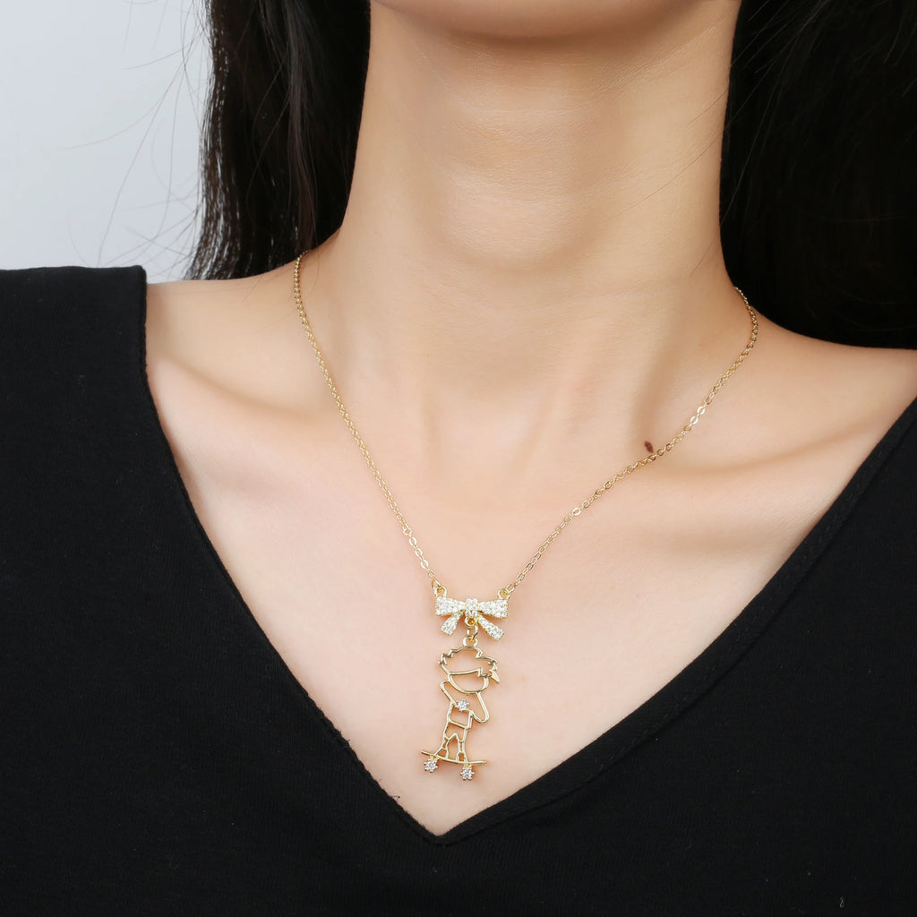 INS Hot Sale Colorful Zirconia Boys Girls Theme Character Bow Pendant Necklace Fashion for Man Woman Daily Party Neck Jewelry Qme