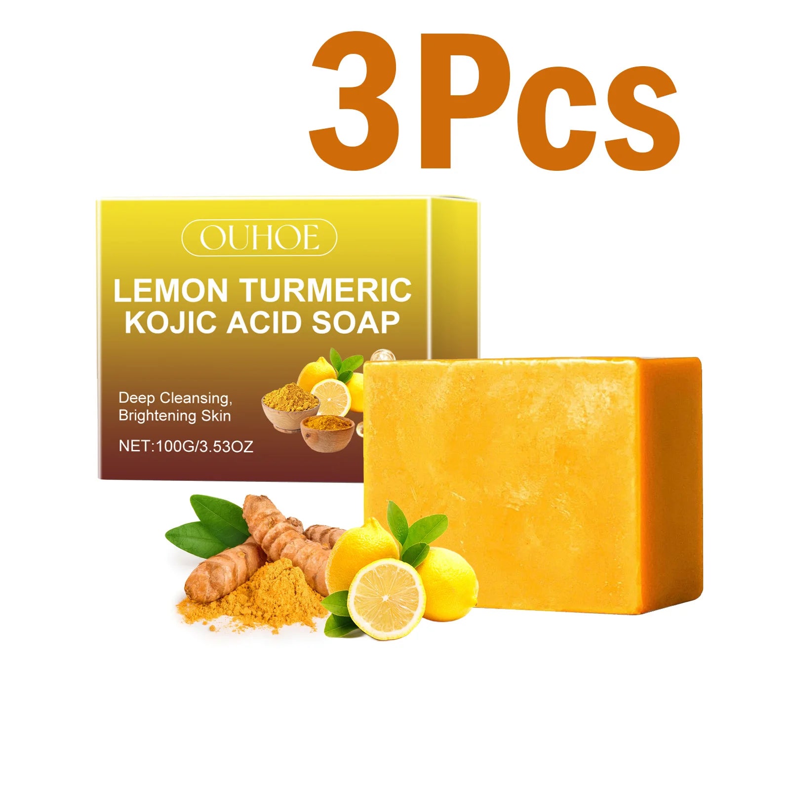 Lemon Turmeric Kojic Acid Soap Brightening Deeply Cleansing Glowing Body Rejuvenating Exfoliating Even Skin Tone Handmade Soap Qme 3 x 100g boxed