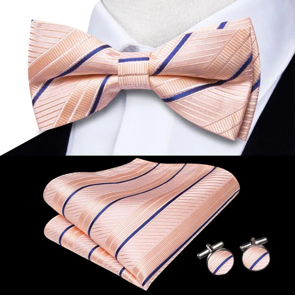 Hi-Tie Striped Black Red Mens Bow Tie Hankerchief Cufflink Pre-tied Silk Butterfly Knot Bowtie for Male Business Party Wholesale Qme S1-LH-2584