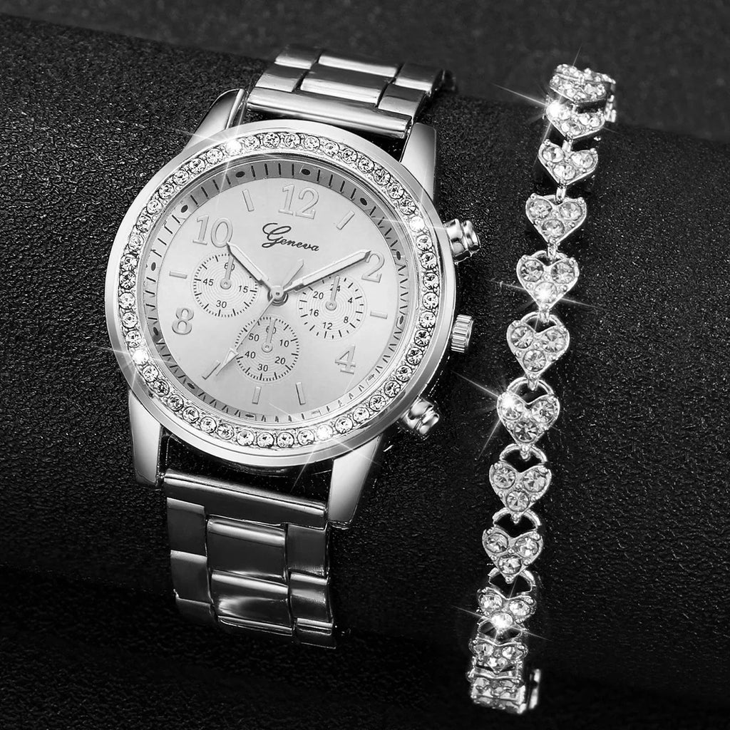 2PCS Women's Watch Fashion Rhinestone Ladies Analog Quartz Watches Bracelet Set Reloj Mujer Girls Clock Gift Qme