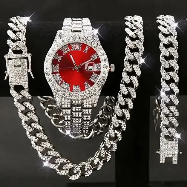 3Pcs/Set Men's Silver Iced Out Jewelry Set, Blue Dial Quartz Watch + Cuban Link Chain + Bracelet, Hip Hop Bling Style Qme