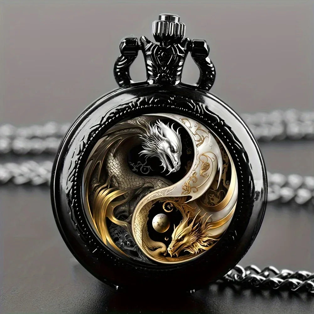 Retro Golden And Silvery Double Dragon Quartz Pocket Watch Qme