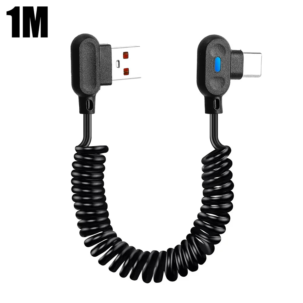 USB Type-C 90° Angle Elbow Fast Charging Spring Data Cable Spiral Coiled Retractable Data Cord Quick Charge For Huawei Samsung Qme 1m