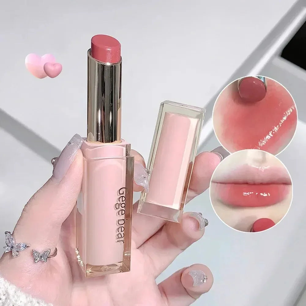 6 Colors Silky Glossy Lipstick Gege Bear Pump Lips Moisture Water Comfortable Ultra Sheen Non-Stick Cup Lip Balm Qme
