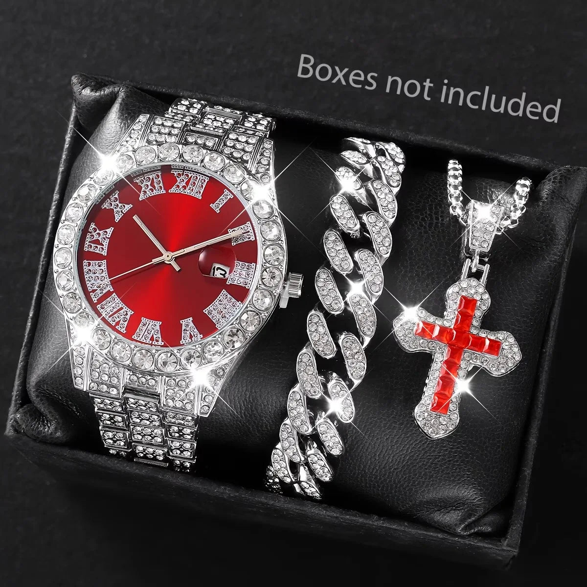 3/4 pcs Men's Luxury Stainless Steel Quartz Watch Gold Timer Wristwatch Necklace and Cross Pendant Qme Coffee