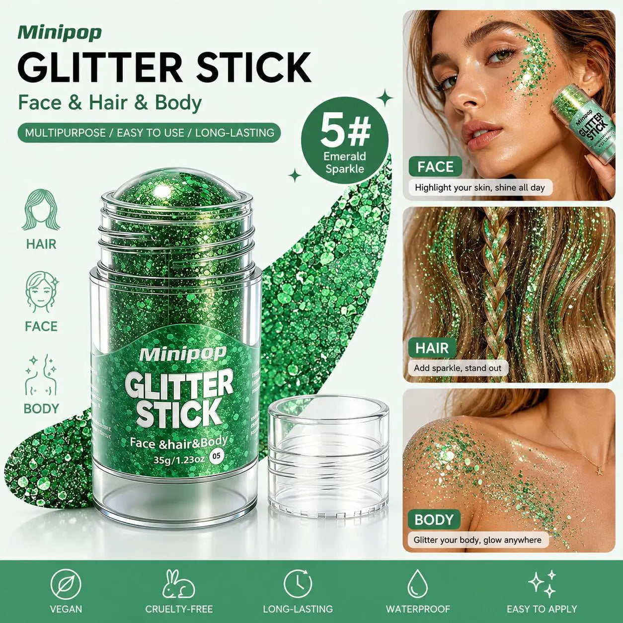 Aurora White Glitter Sequins Stick Face Hair Body Glitter Gel Waterproof Long Lasting Green Purple Shimmer Makeup Party Cosmetic Qme 05 35g