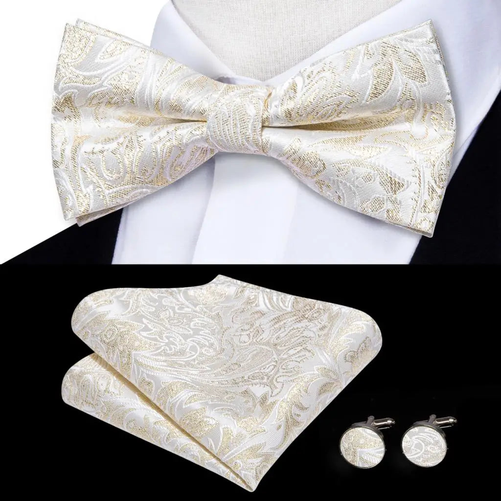 Beige Champagne Gold Mens Bow Tie Hanky Cufflinks Set Jacquard Floral Pre Tied Butterfly Bowtie for Male Wedding silk Business Qme LDLH0571