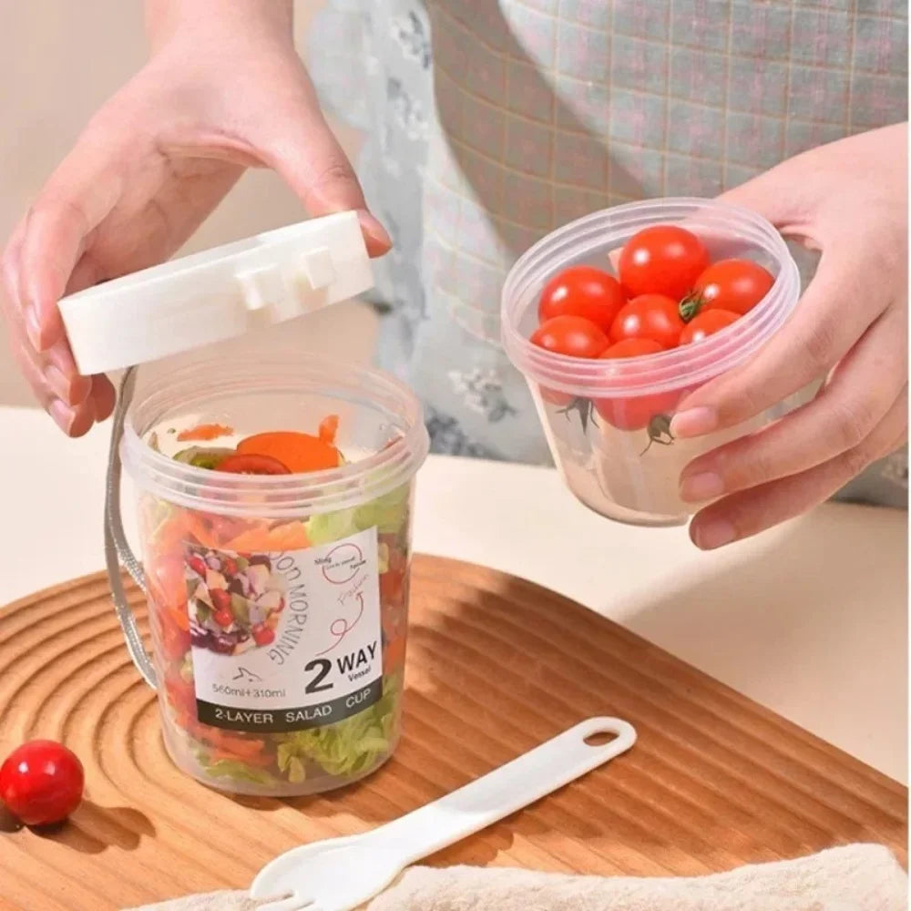 Portable Salad Double Layer Cup Fruits Oatmeal Yogurt Breakfast Lunch Box Food Storage Cup Outgoing Overnight Cup with Lid Spoon Qme