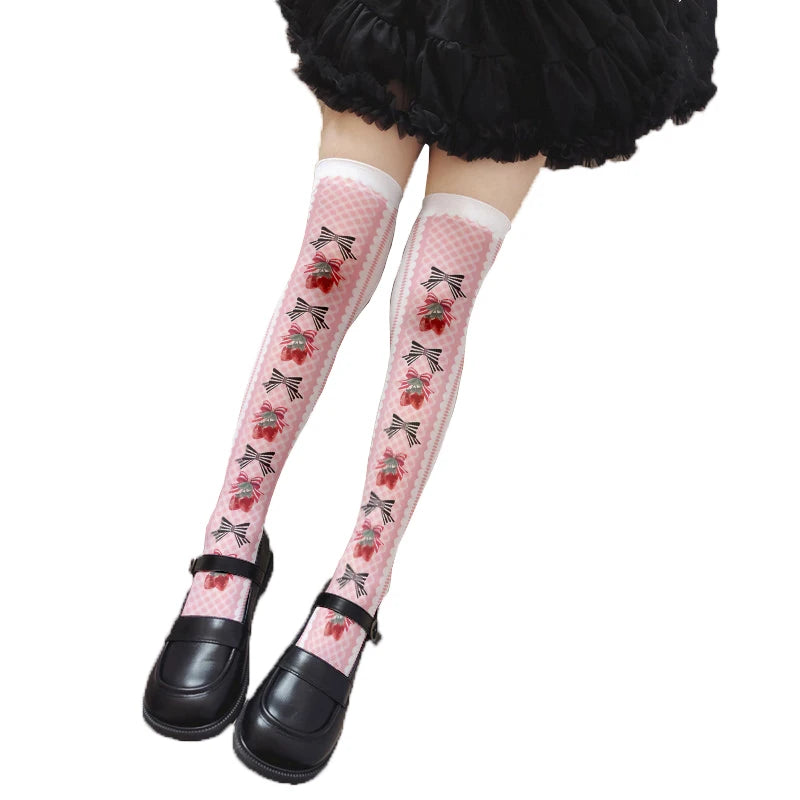 Cute Pink Princess Lolita Over Knee Stockings Love Bow Printed Girl