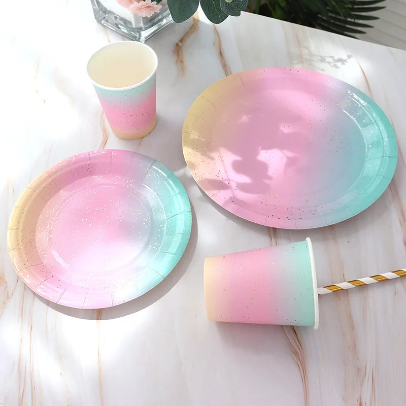 Rainbow Tableware Set for Birthday Party Decorations Rainbow Tableware Paper Plates Cups Napkins Tablecloth Dinner Disposable Qme
