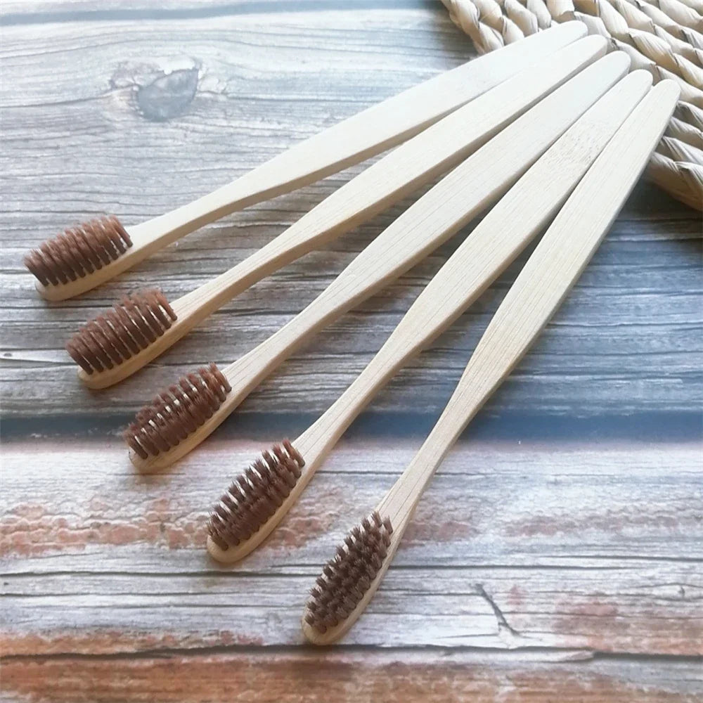 Colorful Natural Bamboo Toothbrush Soft Bristle Charcoal Teeth Whitening Manual Wooden Handle Toothbrushes Soft Dental Oral Care Qme Brown 5Pcs