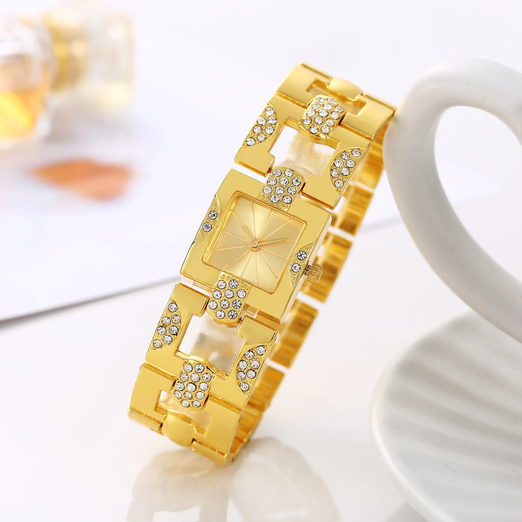 Gold Square Rhinestone Bracelet Watch for Women Luxury Bling Crystal Wristwatch Qme