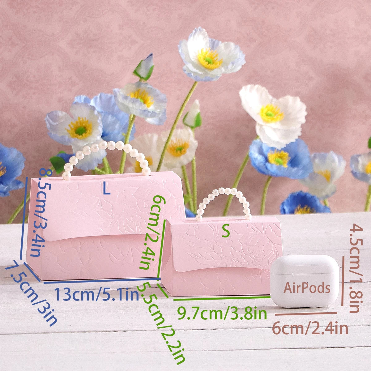 Set of 5 Luxurious Wedding Mini Gift Boxes with Letterpress Floral Design and Simulated Pearl Handles, Elegant Gift Boxes for Us Qme