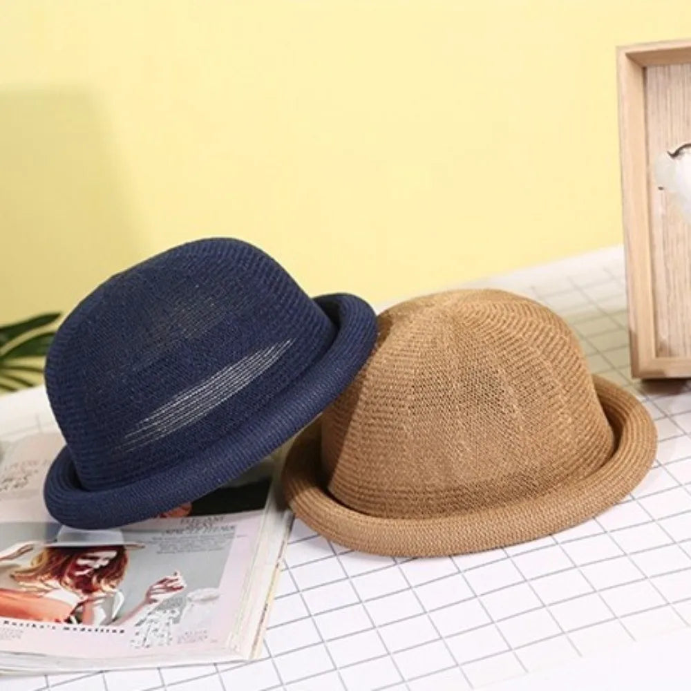 Casual Solid Bucket Hat Cotton Linen Rolled-brimmed Fedora Breathable Qme