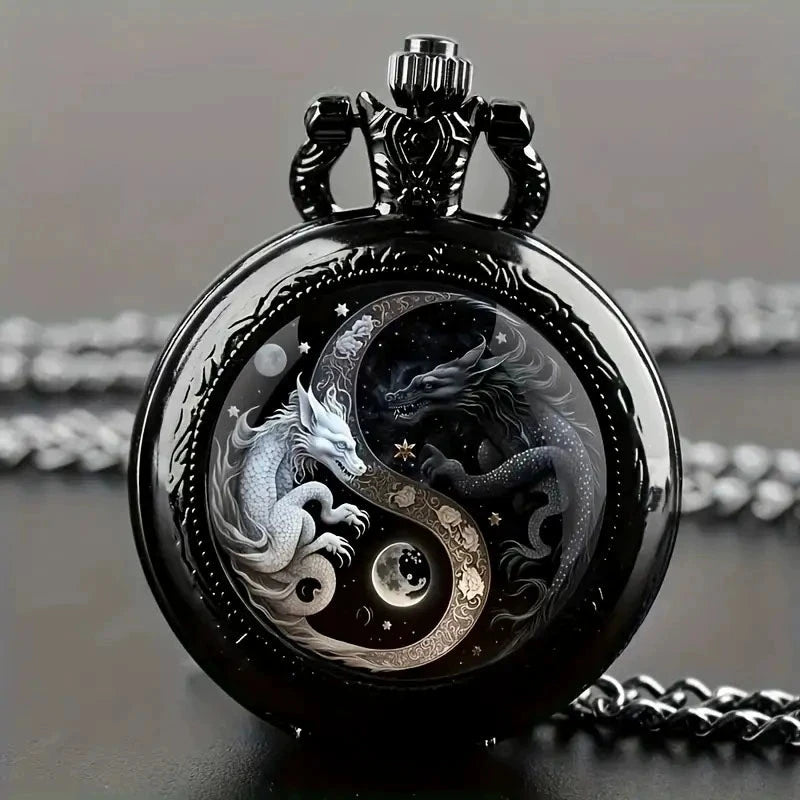 Retro Golden And Silvery Double Dragon Quartz Pocket Watch Qme green