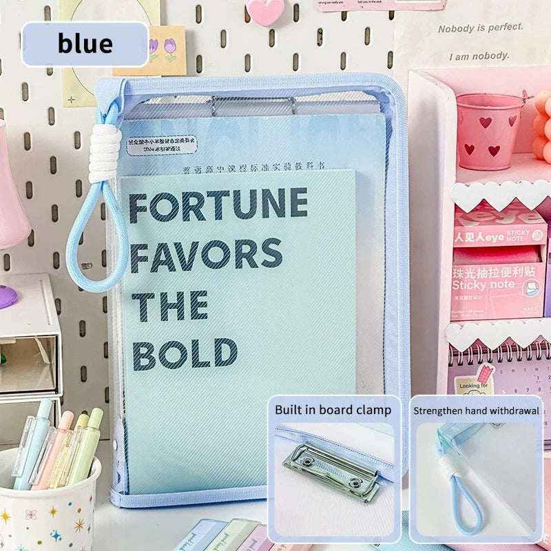 Portable File Folder Case Storage Organizer Bags Transparent Handle Qme 33CM blue