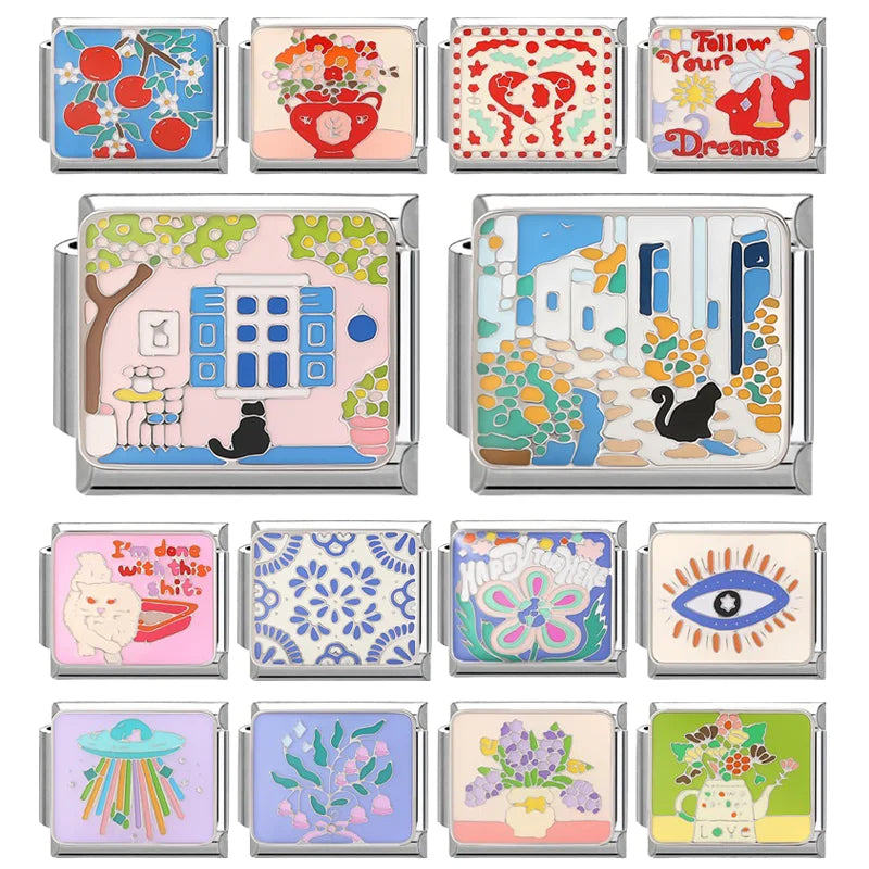 2026 Y2K Colorful Glaze Cute Street Scene Cat Italian Charm Link fit 9mm Stainless Steel Jewelry DIY Making Bracelets For Gifts Qme