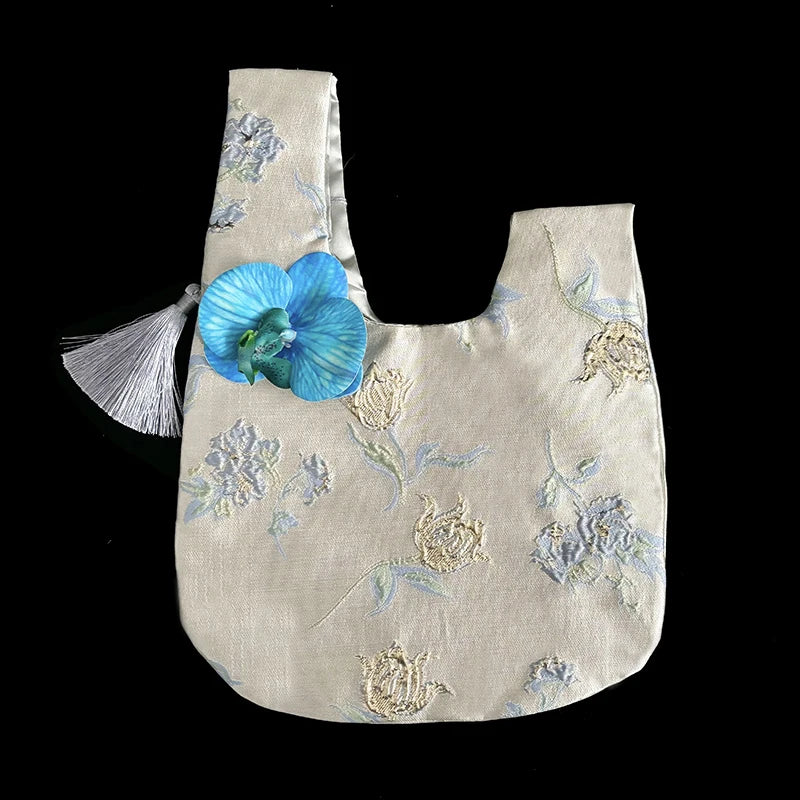 Orchid Tassel Faux Silk Jacquard Fabric Handbag New Chinese Retro Style Small Bag Qme Blue