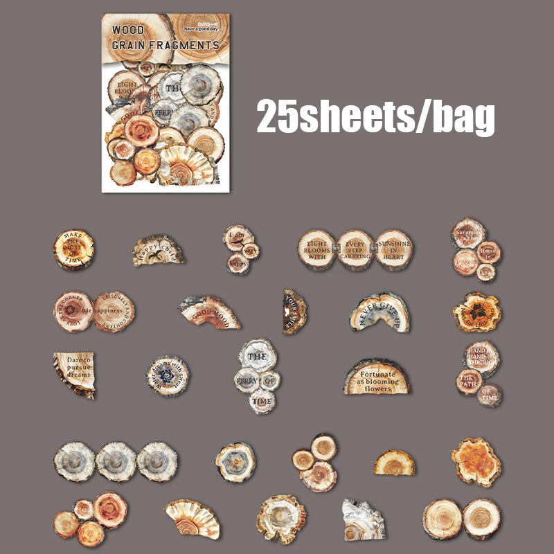 25 Sheets/Bag Wood Grain Tree Rings Themed Embossed Hard Card Stickers for DIY Scrapbook Phone Case Decoration Student Reward Qme 5