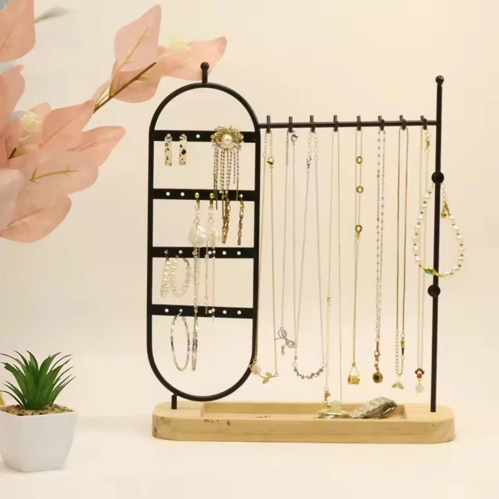 1 desktop solid wood base jewelry rack suitable for organizing and storing watches, earrings, bracelets, necklaces, etc Qme
