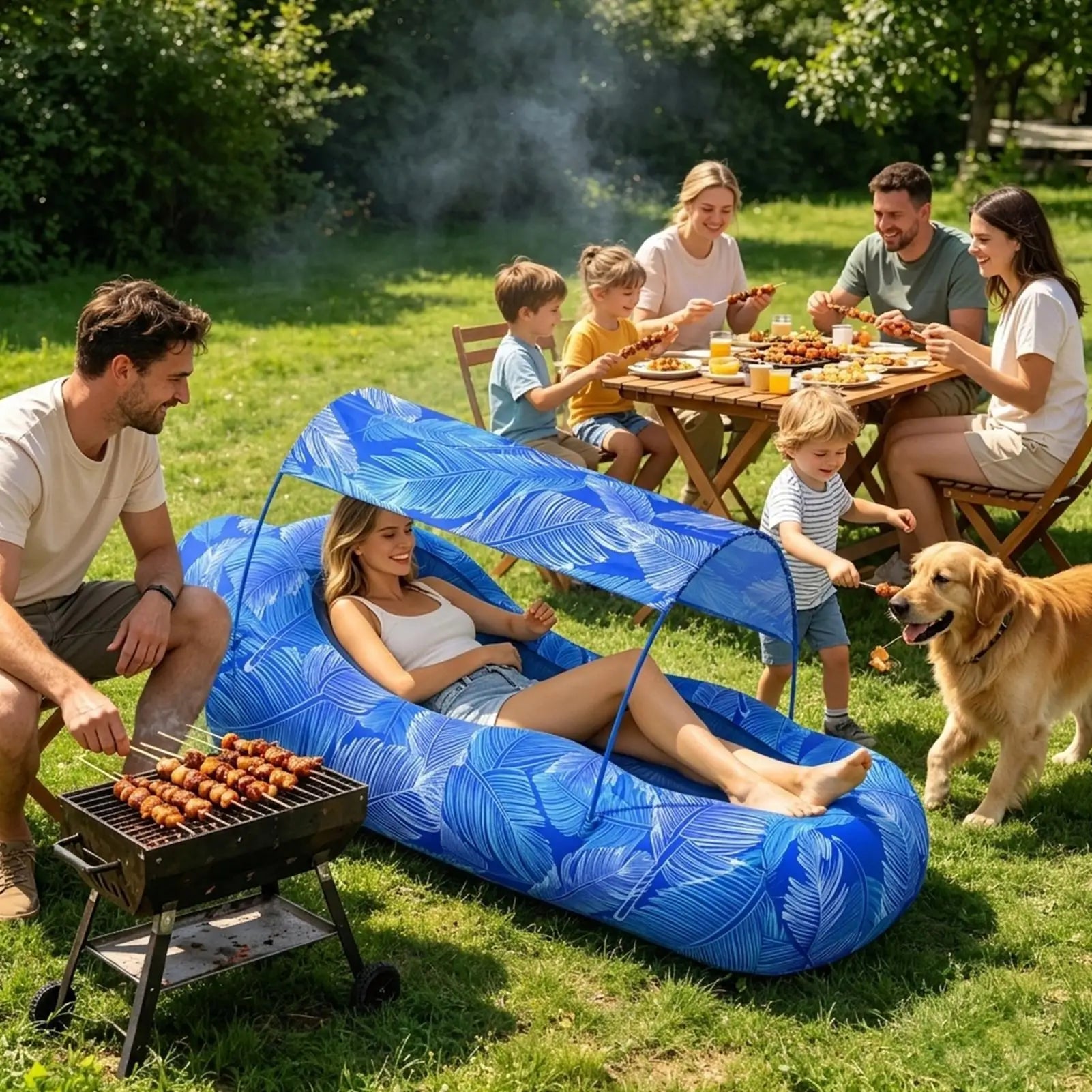 Beach Inflatable Lounger Pool Air Sofa With Sun Shade Easy To Set Up Hiking Lounger For Outdoor Camping Hiking Picnic Vacation Qme
