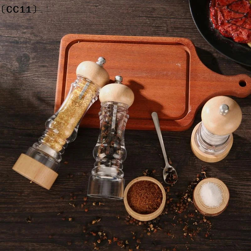 Wood Pepper Grinder Mill Acrylic Sea Salt Shaker Adjustable Qme