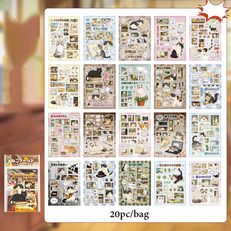 Japanese Wabi-Sabi Daily Cat Sticker Book, Cute Feline Film-Style Stickers for Journal Collage & Lazy Home Life Scrapbooking Qme A