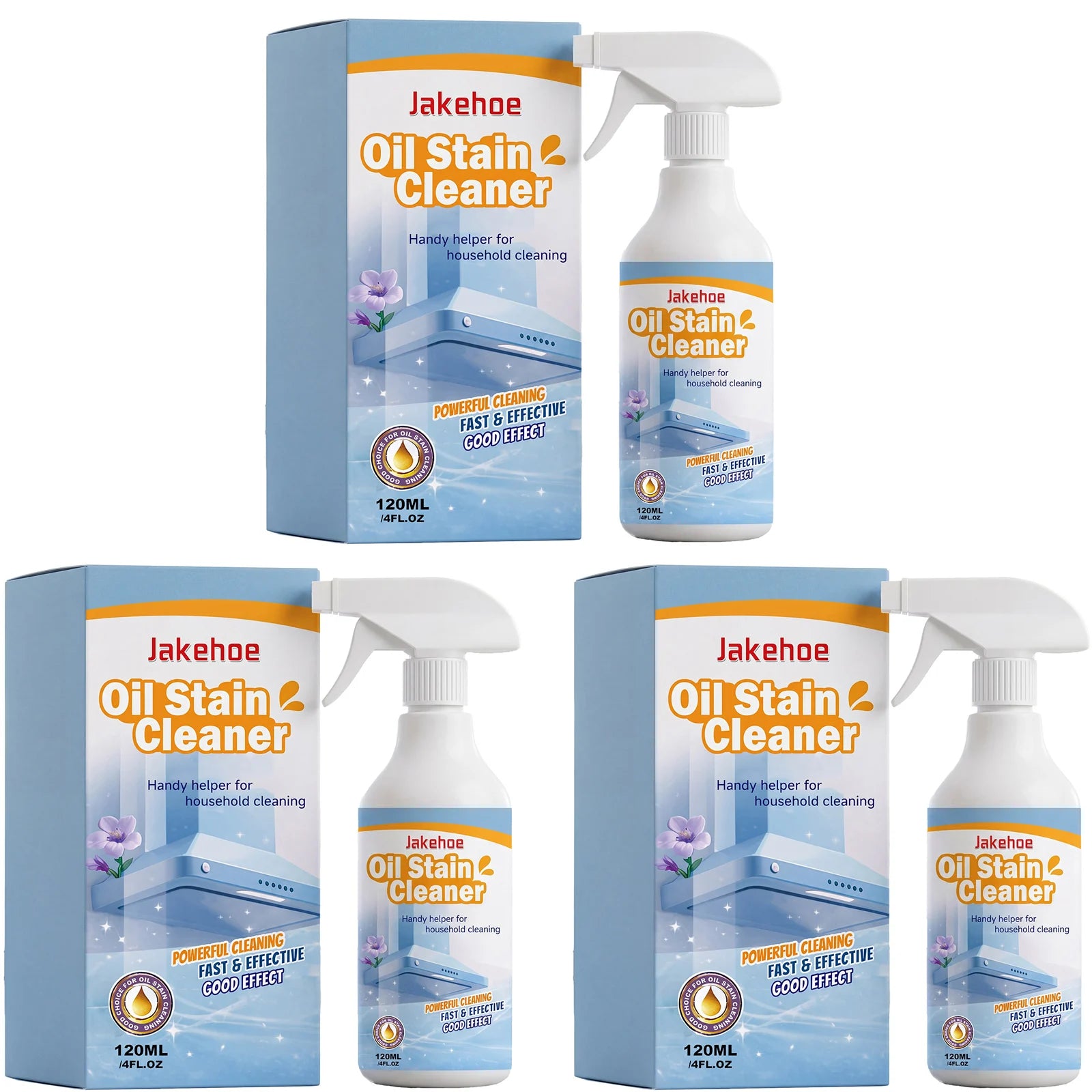 JAKEHOE Oil Stain Cleaner Spray Removing Tough Grease Polishing Restore Luster Fast-Acting Formula Heavy Duty Kitchen Degreaser Qme 3 x 120ml Boxed