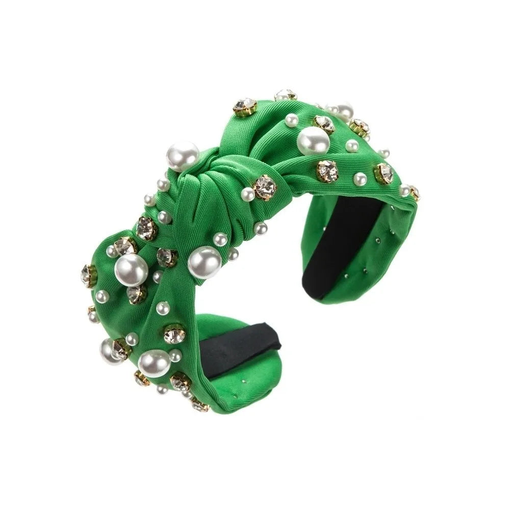 Solid Color Rhinestone Pearl Hairband Wide Edge Nail Pearl Head Hoop Hair Ornament Knot Style Baroque Headband Hair Accessories Qme Green