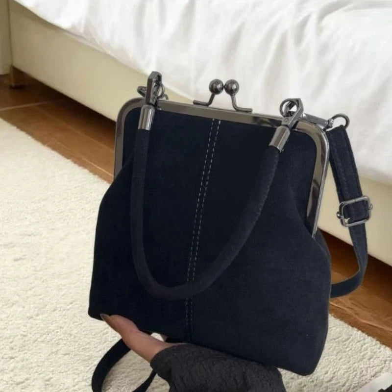 Large Capacity Retro Frosted Handbag Lock Short Handle Leather Crossbody Bag PU Clip Closure Clutch Shoulder Bag Qme A4