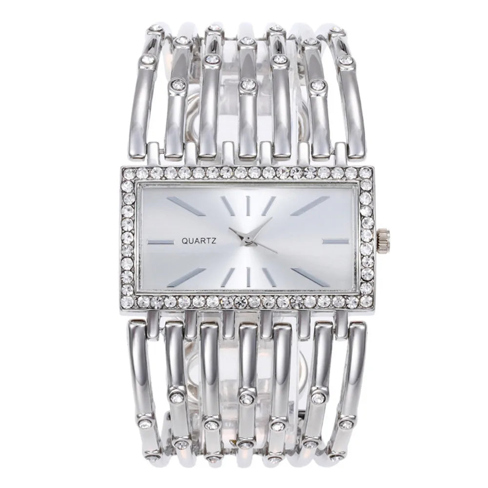 Women's Watch Luxury Rhinestone Quartz Cuff Bangle Watch Analog Stainless Steel Party Dress Wrist Watch Qme Silver