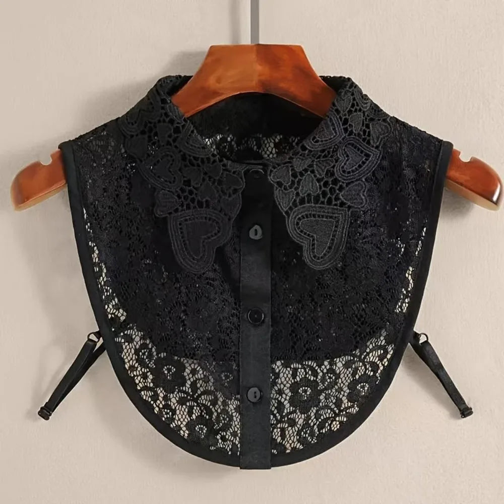 Women Detachable Lace Fake Collar Heart Embroidery Decorative Collar White Hollow Out Lapel Sweater Shirt Blouse Decor Collar Qme