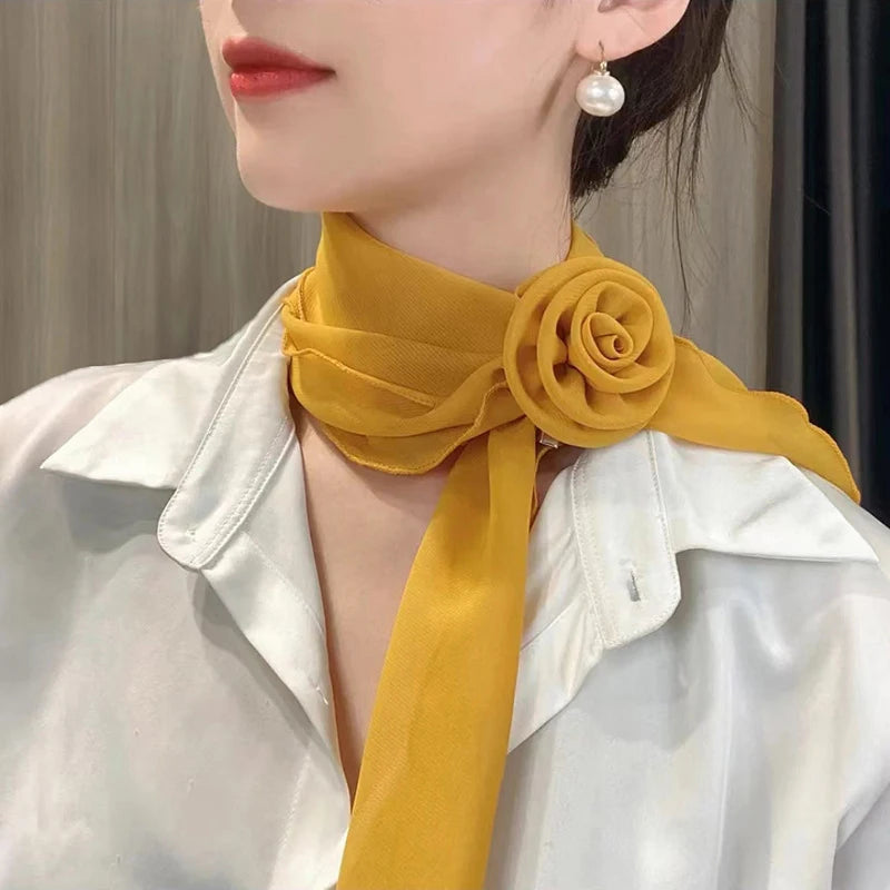 Versatile Rose Design Silk Scarf Soft Neckerchief Girls Women Long Qme