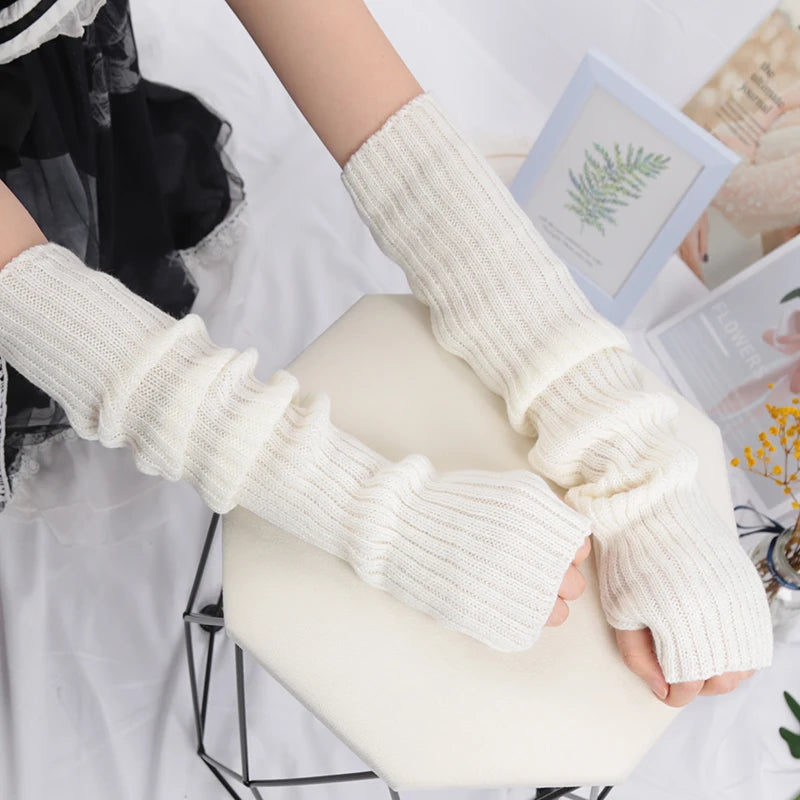 Women Long Fingerless Gloves Soft Female Glove Lolita Kawaii Mitten Qme