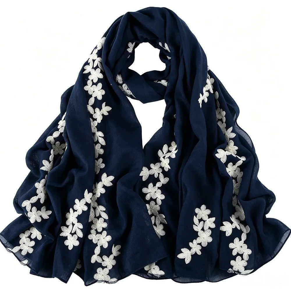 Floral Pattern Embroidered Hijab Breathable Lightweight Thin Fabric Shawl Soft Edged Gentle Ethnic Long Foulard Casual Stole Qme Dark Blue