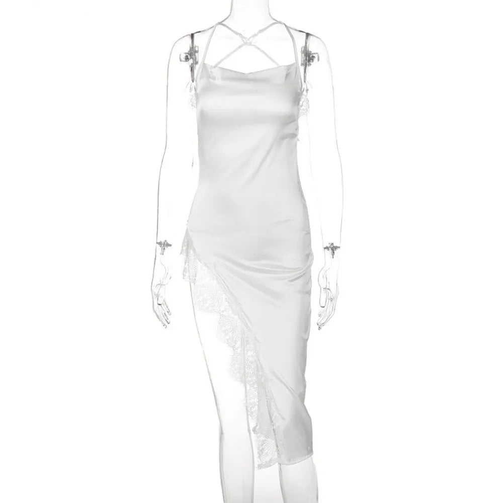 Elegant Split Women Nightgown Beauty-back Spaghetti Strap Lace Pajama Qme