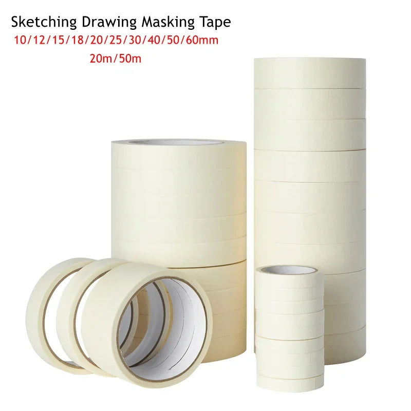50m/20m Masking Tape White Color 12/18/60mm Single Side Tape Adhesive Crepe Paper for Oil Painting Sketch Drawing Supplies Qme
