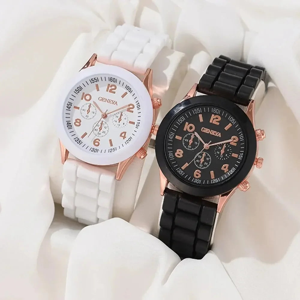 2pcs Geneva Silicone Watch Fashionable and Beautiful Colored Jelly Student Sports Women's Sports Watch Qme Bronze