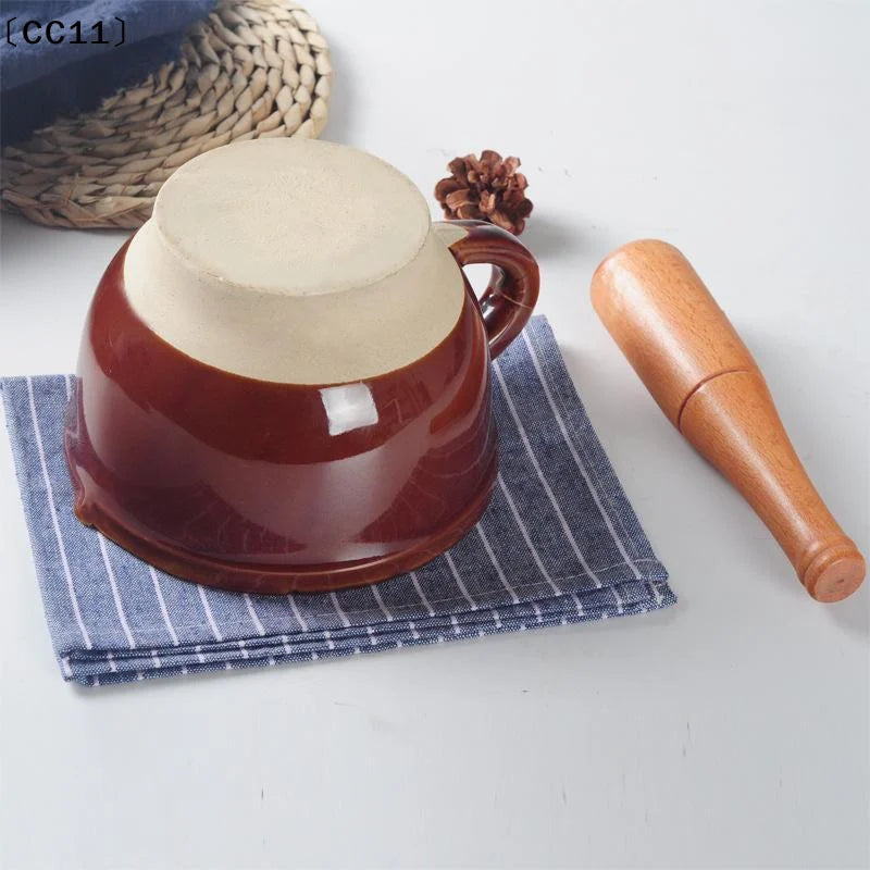 Ceramic Mortar Pestle Natural Wood Non Slip Base Perfect Kitchen Qme