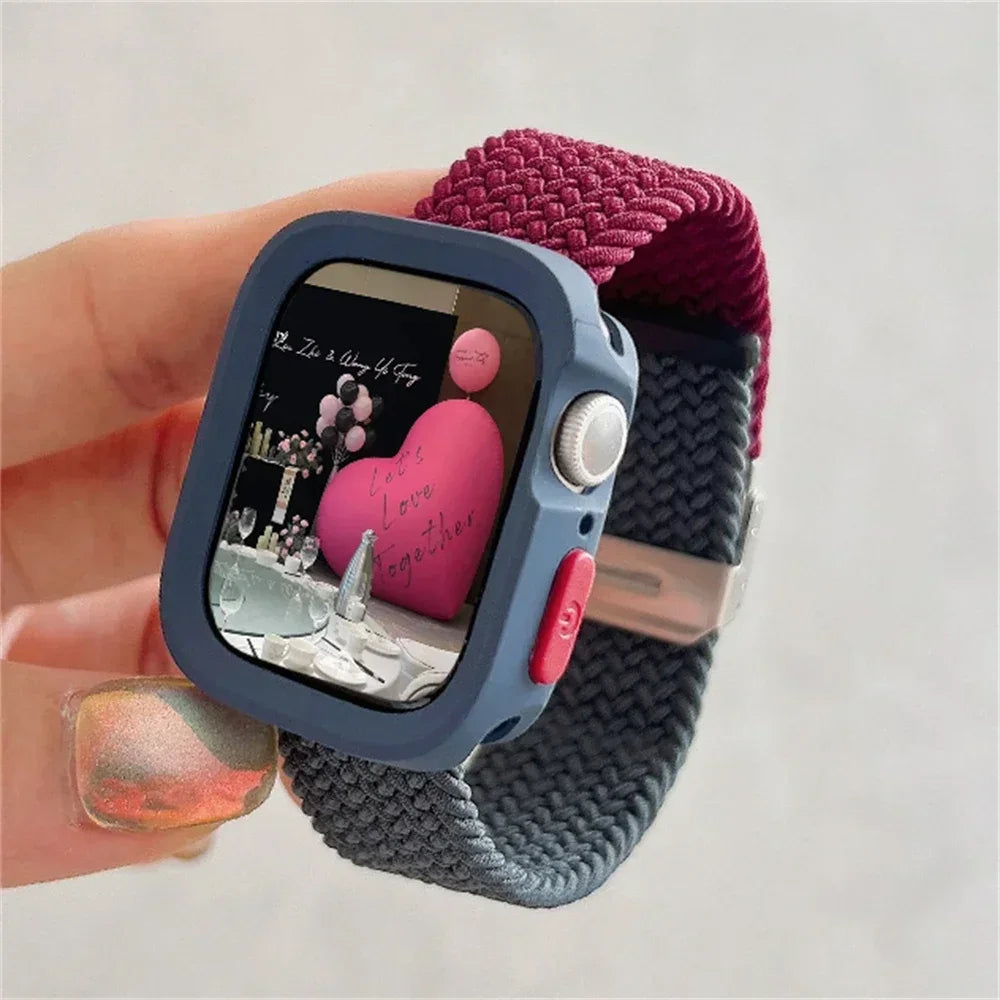 Candy Silicone Case+Strap For Apple Watch Series 9 8 7 45mm 41mm Band SE 6 5 4 44mm 40mm Nylon correa Strap iwatch Ultra 2 49mm Qme