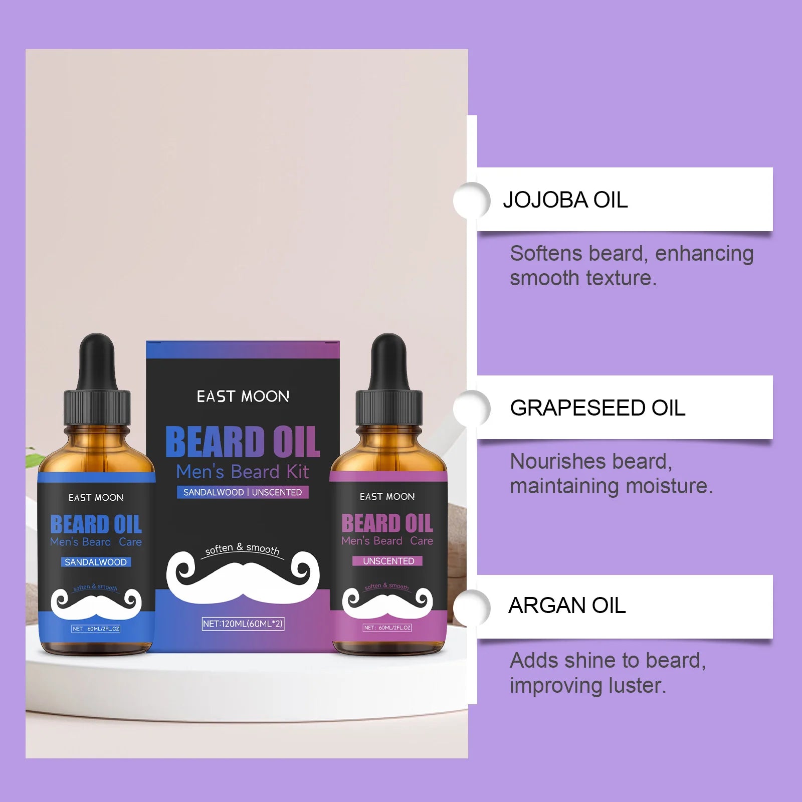 Men's Beard Oil Kit Unscented & Sandalwood Beard Growth Kit for Thick Soft Smooth Beard Oil Beard Care Moisturizing Conditioning Qme